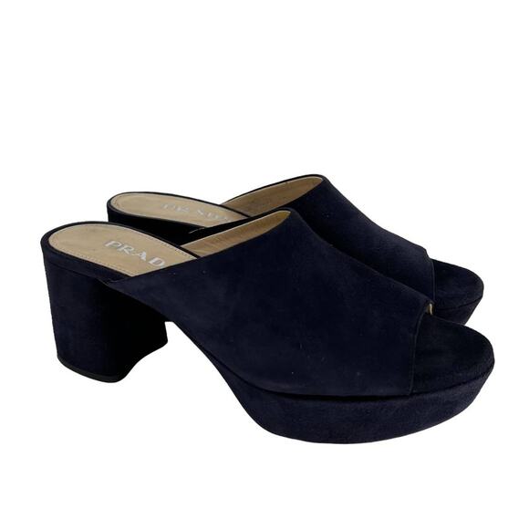 Prada Suede Navy Platform Heeled Mules - Picture 6 of 11